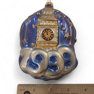 Krebs Glas Lauscha Big Ben 1999 Glass Christmas Ornament Blue Gold Silver